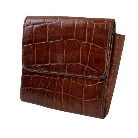 Talbots Croc Print Vintage Womens Small Wallet Card Holder Flap Pocket Leather - Picture 1 of 16